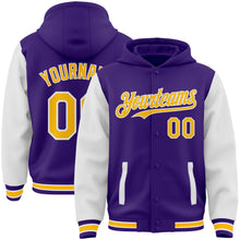 Load image into Gallery viewer, Custom Purple Gold-White Bomber Full-Snap Varsity Letterman Two Tone Hoodie Jacket
