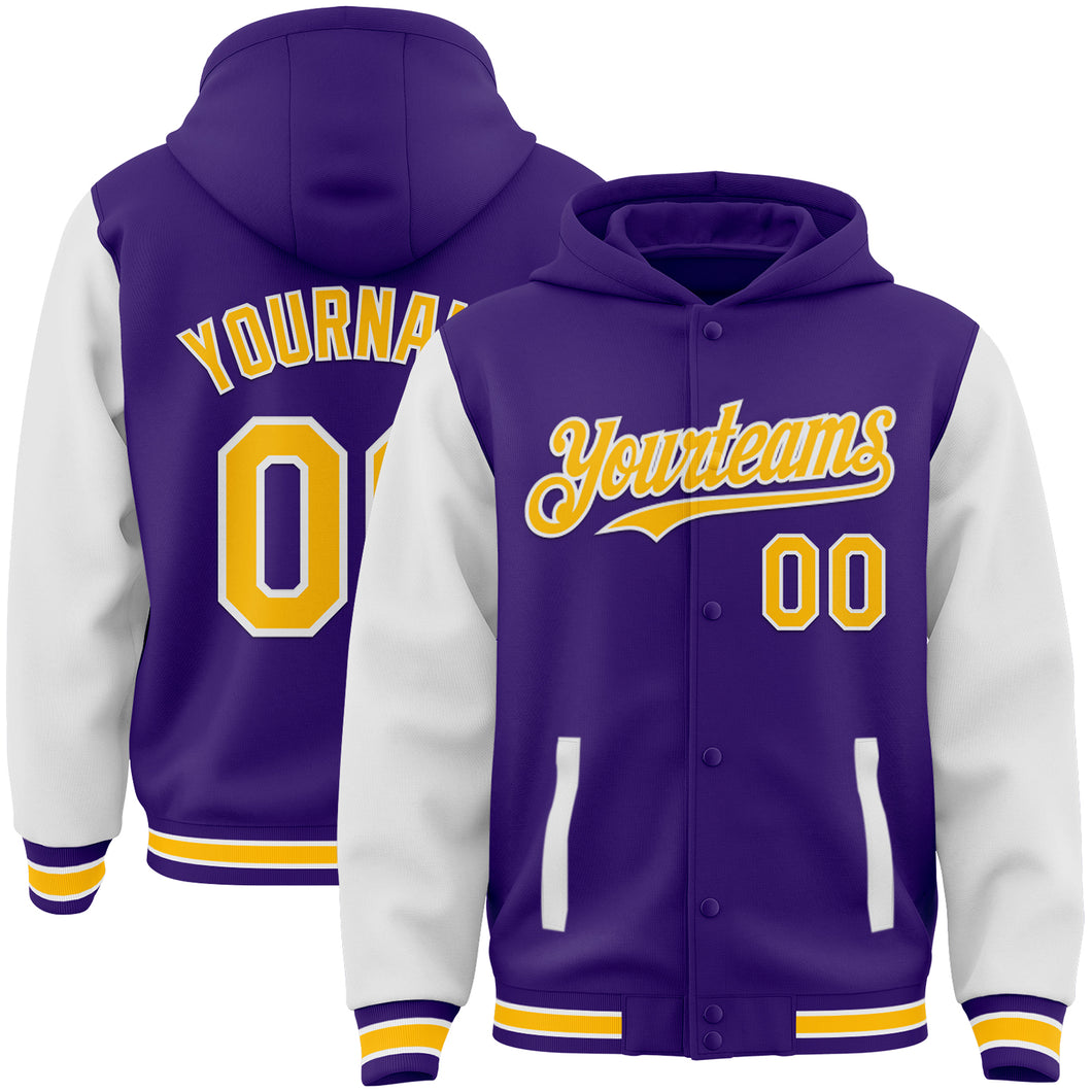 Custom Purple Gold-White Bomber Full-Snap Varsity Letterman Two Tone Hoodie Jacket