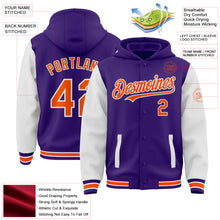 Load image into Gallery viewer, Custom Purple Orange-White Bomber Full-Snap Varsity Letterman Two Tone Hoodie Jacket
