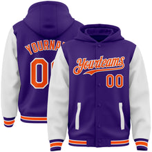 Load image into Gallery viewer, Custom Purple Orange-White Bomber Full-Snap Varsity Letterman Two Tone Hoodie Jacket
