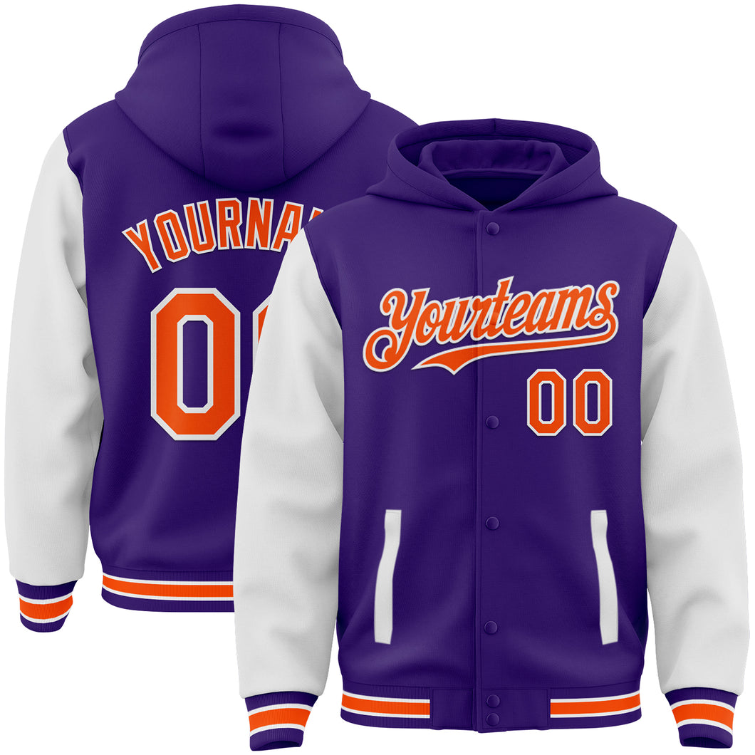 Custom Purple Orange-White Bomber Full-Snap Varsity Letterman Two Tone Hoodie Jacket