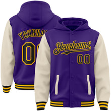 Load image into Gallery viewer, Custom Purple Black Cream-Gold Bomber Full-Snap Varsity Letterman Two Tone Hoodie Jacket
