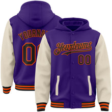 Load image into Gallery viewer, Custom Purple Black Cream-Orange Bomber Full-Snap Varsity Letterman Two Tone Hoodie Jacket
