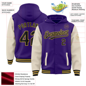 Custom Purple Black Cream-Old Gold Bomber Full-Snap Varsity Letterman Two Tone Hoodie Jacket