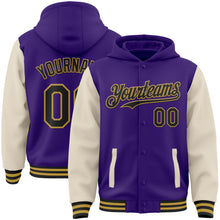 Load image into Gallery viewer, Custom Purple Black Cream-Old Gold Bomber Full-Snap Varsity Letterman Two Tone Hoodie Jacket
