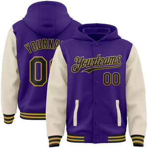 Custom Purple Black Cream-Old Gold Bomber Full-Snap Varsity Letterman Two Tone Hoodie Jacket