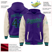 Load image into Gallery viewer, Custom Purple Black Cream-Teal Bomber Full-Snap Varsity Letterman Two Tone Hoodie Jacket
