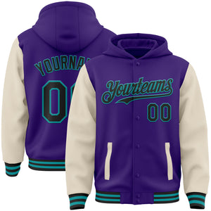 Custom Purple Black Cream-Teal Bomber Full-Snap Varsity Letterman Two Tone Hoodie Jacket