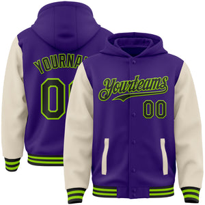 Custom Purple Black Cream-Neon Green Bomber Full-Snap Varsity Letterman Two Tone Hoodie Jacket