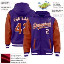 Load image into Gallery viewer, Custom Purple Texas Orange-White Bomber Full-Snap Varsity Letterman Two Tone Hoodie Jacket
