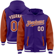 Load image into Gallery viewer, Custom Purple Texas Orange-White Bomber Full-Snap Varsity Letterman Two Tone Hoodie Jacket
