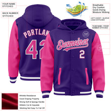 Load image into Gallery viewer, Custom Purple Pink-White Bomber Full-Snap Varsity Letterman Two Tone Hoodie Jacket
