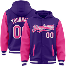 Load image into Gallery viewer, Custom Purple Pink-White Bomber Full-Snap Varsity Letterman Two Tone Hoodie Jacket
