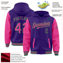 Load image into Gallery viewer, Custom Purple Pink-Kelly Green Bomber Full-Snap Varsity Letterman Two Tone Hoodie Jacket
