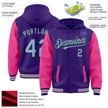 Load image into Gallery viewer, Custom Purple Light Blue Pink-Black Bomber Full-Snap Varsity Letterman Two Tone Hoodie Jacket
