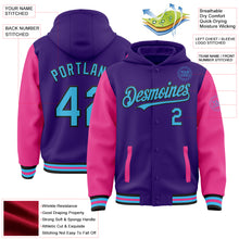 Load image into Gallery viewer, Custom Purple Sky Blue Pink-Black Bomber Full-Snap Varsity Letterman Two Tone Hoodie Jacket
