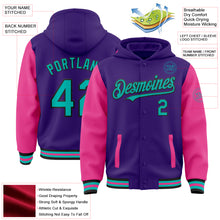 Load image into Gallery viewer, Custom Purple Aqua Pink-Black Bomber Full-Snap Varsity Letterman Two Tone Hoodie Jacket
