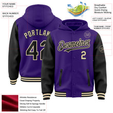 Load image into Gallery viewer, Custom Purple Black-Cream Bomber Full-Snap Varsity Letterman Two Tone Hoodie Jacket
