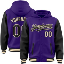 Load image into Gallery viewer, Custom Purple Black-Cream Bomber Full-Snap Varsity Letterman Two Tone Hoodie Jacket
