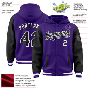 Custom Purple Black-White Bomber Full-Snap Varsity Letterman Two Tone Hoodie Jacket