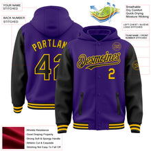 Load image into Gallery viewer, Custom Purple Black-Gold Bomber Full-Snap Varsity Letterman Two Tone Hoodie Jacket
