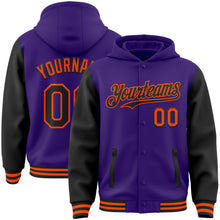 Load image into Gallery viewer, Custom Purple Black-Orange Bomber Full-Snap Varsity Letterman Two Tone Hoodie Jacket
