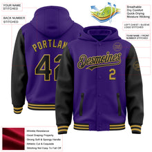 Load image into Gallery viewer, Custom Purple Black-Old Gold Bomber Full-Snap Varsity Letterman Two Tone Hoodie Jacket
