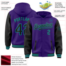 Load image into Gallery viewer, Custom Purple Black-Teal Bomber Full-Snap Varsity Letterman Two Tone Hoodie Jacket
