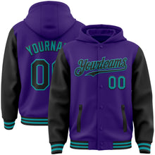 Load image into Gallery viewer, Custom Purple Black-Teal Bomber Full-Snap Varsity Letterman Two Tone Hoodie Jacket
