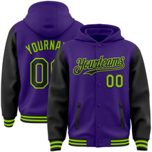 Load image into Gallery viewer, Custom Purple Black-Neon Green Bomber Full-Snap Varsity Letterman Two Tone Hoodie Jacket
