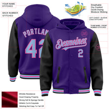 Load image into Gallery viewer, Custom Purple Light Blue Black-Pink Bomber Full-Snap Varsity Letterman Two Tone Hoodie Jacket
