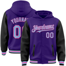 Load image into Gallery viewer, Custom Purple Light Blue Black-Pink Bomber Full-Snap Varsity Letterman Two Tone Hoodie Jacket
