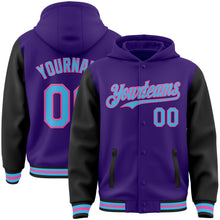 Load image into Gallery viewer, Custom Purple Sky Blue Black-Pink Bomber Full-Snap Varsity Letterman Two Tone Hoodie Jacket
