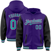 Load image into Gallery viewer, Custom Purple Aqua Black-Pink Bomber Full-Snap Varsity Letterman Two Tone Hoodie Jacket
