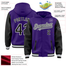 Load image into Gallery viewer, Custom Purple Black-Gray Bomber Full-Snap Varsity Letterman Two Tone Hoodie Jacket
