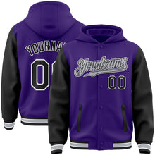 Load image into Gallery viewer, Custom Purple Black-Gray Bomber Full-Snap Varsity Letterman Two Tone Hoodie Jacket
