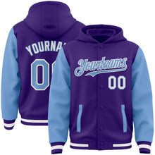 Load image into Gallery viewer, Custom Purple Light Blue-White Bomber Full-Snap Varsity Letterman Two Tone Hoodie Jacket
