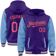 Load image into Gallery viewer, Custom Purple Pink Light Blue-Black Bomber Full-Snap Varsity Letterman Two Tone Hoodie Jacket
