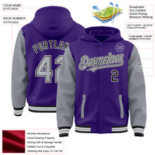 Load image into Gallery viewer, Custom Purple Gray-Black Bomber Full-Snap Varsity Letterman Two Tone Hoodie Jacket
