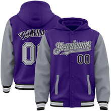 Load image into Gallery viewer, Custom Purple Gray-Black Bomber Full-Snap Varsity Letterman Two Tone Hoodie Jacket
