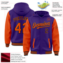 Load image into Gallery viewer, Custom Purple Orange-Black Bomber Full-Snap Varsity Letterman Two Tone Hoodie Jacket
