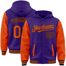 Load image into Gallery viewer, Custom Purple Orange-Black Bomber Full-Snap Varsity Letterman Two Tone Hoodie Jacket
