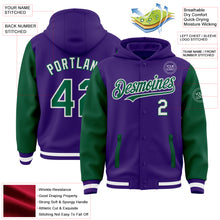 Load image into Gallery viewer, Custom Purple Kelly Green-White Bomber Full-Snap Varsity Letterman Two Tone Hoodie Jacket
