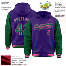 Load image into Gallery viewer, Custom Purple Kelly Green-Pink Bomber Full-Snap Varsity Letterman Two Tone Hoodie Jacket
