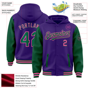 Custom Purple Kelly Green-Pink Bomber Full-Snap Varsity Letterman Two Tone Hoodie Jacket