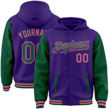 Load image into Gallery viewer, Custom Purple Kelly Green-Pink Bomber Full-Snap Varsity Letterman Two Tone Hoodie Jacket
