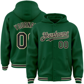 Custom Kelly Green Black-Cream Bomber Full-Snap Varsity Letterman Hoodie Jacket