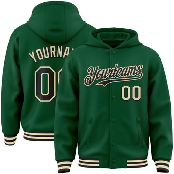 Custom Kelly Green Black-Cream Bomber Full-Snap Varsity Letterman Hoodie Jacket