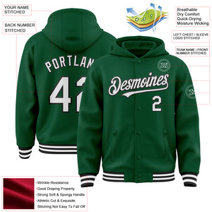 Custom Kelly Green White-Black Bomber Full-Snap Varsity Letterman Hoodie Jacket