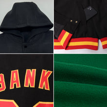 Load image into Gallery viewer, Custom Kelly Green Red-Black Bomber Full-Snap Varsity Letterman Hoodie Jacket
